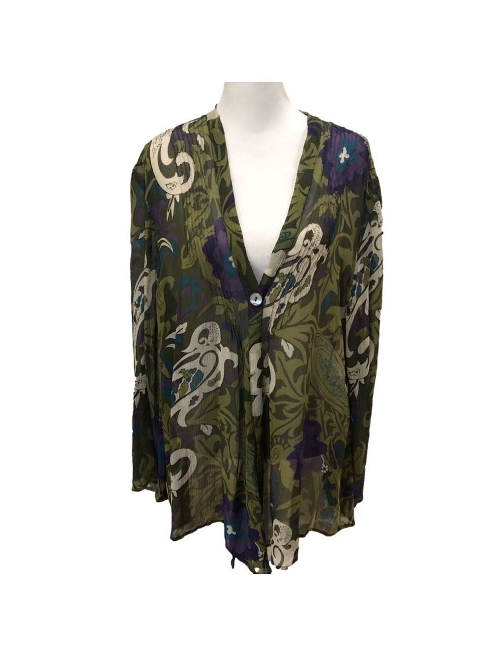 CHICO’S silk over shirt one button front closure jewel tones semi-sheer. Size 3